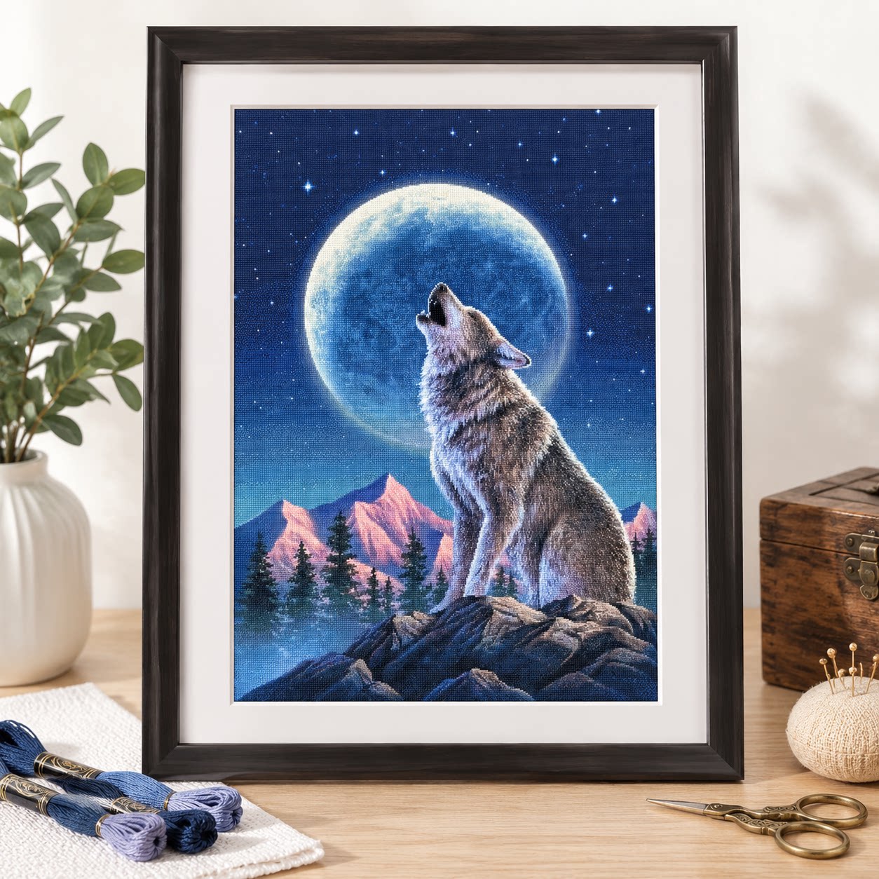[ZZ9252-Lone Wolf Under the Mo - Cross Stitch Stamped Kits Beginners avaliação e preço